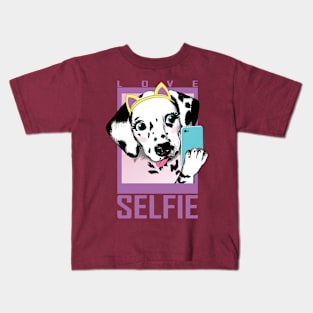 Dalmatian puppy portrait with smartphone making selfie Kids T-Shirt